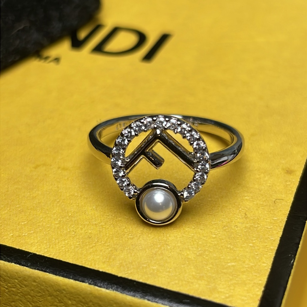 Fendi Gold And Silver F Logo Ring With Pearl And Crystals Size M Euc